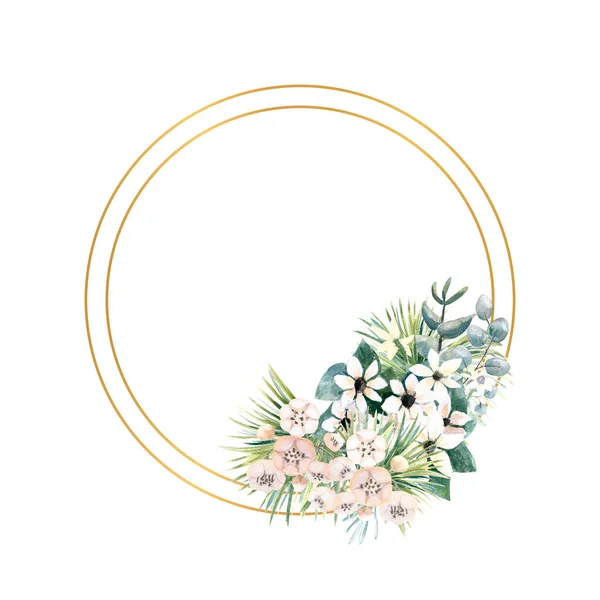 Cadre rond en or avec de petites fleurs d'actinidies, de bouvardia, de feuilles tropicales et de palmiers. Bouquet de mariage dans un cadre pour la conception d'une invitation élégante. Illustration aquarelle — Photo