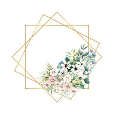 Küçük aktinidia, Bouvardia, tropik ve palmiye yapraklı çerçeveler. Şık bir davetiye tasarlamak için çerçeveli bir düğün buketi. Suluboya çizimi