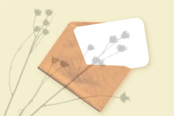 Natürliches Licht wirft Schatten von der Pflanze auf einen Umschlag mit einem Blatt weißem Papier, das auf einem gelb strukturierten Hintergrund liegt. Attrappe — Stockfoto
