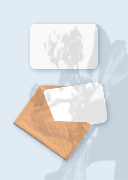 在信封上盖着植物阴影的模型，在蓝色桌子的背景上夹着两张纹理白纸。纵向方向 — 图库照片