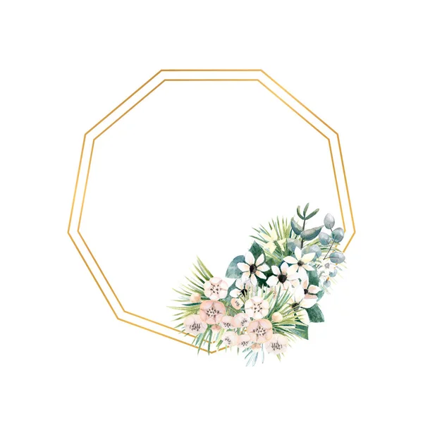 Sześciokątna złota ramka z niewielkimi kwiatami actinidia, bouvardia, tropikalnych i palmowych liści. Bukiet weselny w ramce na projekt stylowego zaproszenia. Ilustracja akwarela — Zdjęcie stockowe