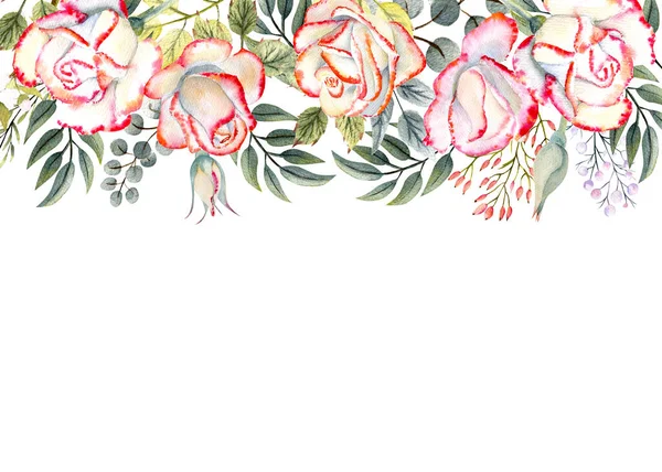 Horizontal frame with watercolor rose flowers, leaves, decor. For the design of greeting cards, invitations, etc — Stock Photo, Image
