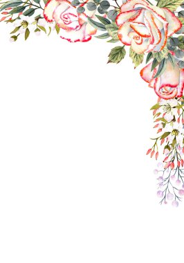 Dikey çerçeve, suluboya gül çiçekleri, yapraklar, dekor. Tebrik kartı, davetiye vs. tasarımı için