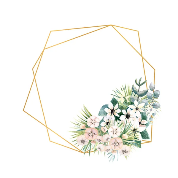 악티늄이 들어 있는 작은 꽃들, 부바 르 디아, 열 대 및 야자수 잎들로 장식하라. 멋진 초대장의 디자인을 위한 틀에 결혼 부케를 넣어. 수채 색 삽화 — 스톡 사진