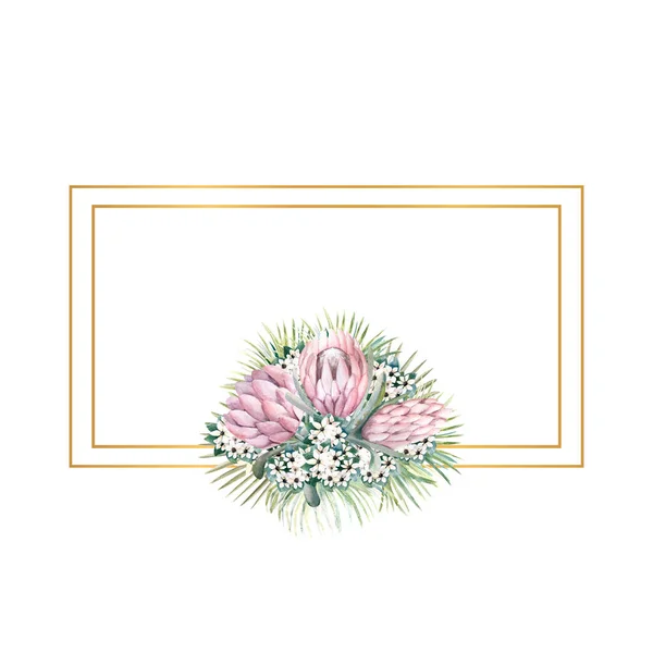 금테아 꽃, 열 대 잎, 야자수 잎, 부바 르 디아 꽃으로 금테를 감는다. 멋진 초대장의 디자인을 위한 틀에 결혼 부케를 넣어. 수채 색 삽화 — 스톡 사진