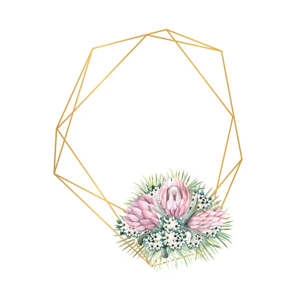Geometrischer Goldrahmen mit Protea-Blüten, tropischen Blättern, Palmblättern, Bouvardienblüten. Hochzeitsstrauß im Rahmen für die Gestaltung einer stilvollen Einladung. Aquarell-Illustration — Stockfoto