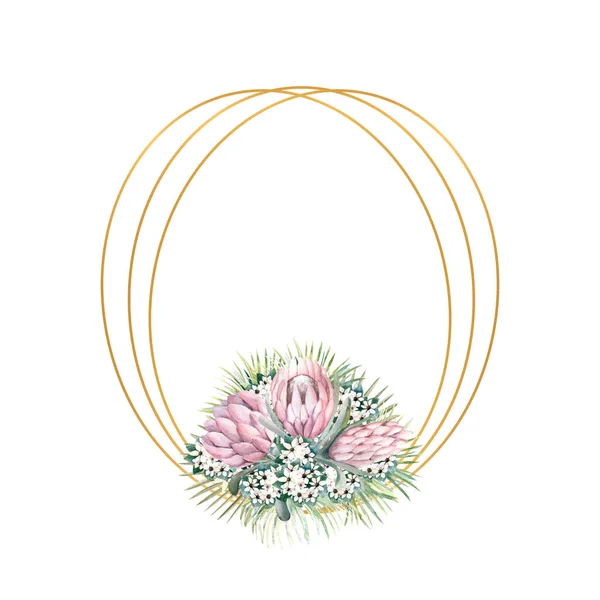 Moldura de ouro oval com flores de protea, folhas tropicais, folhas de palmeira, flores bouvardia. Buquê de casamento em uma moldura para o design de um convite elegante. Ilustração aquarela — Fotografia de Stock