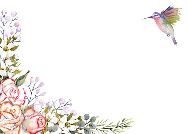 Horizontal frame with watercolor rose flowers, leaves, decor, and hummingbirds. 카드, 초대장등을 디자인하기 위해서 입니다. — 스톡 사진