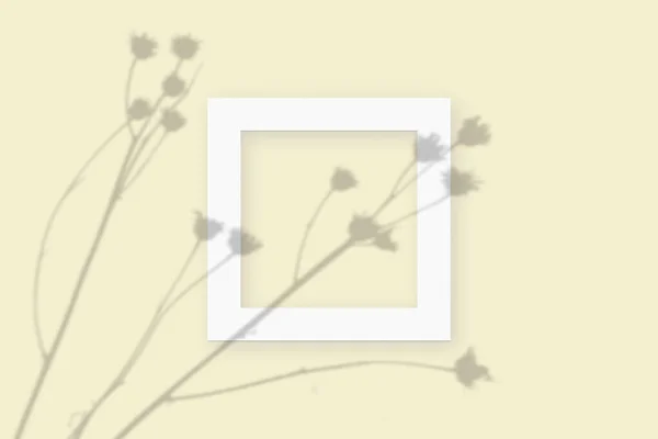 Mockup mit pflanzlichen Schatten auf quadratischem Rahmen aus strukturiertem weißem Papier auf gelbem Tischhintergrund — Stockfoto