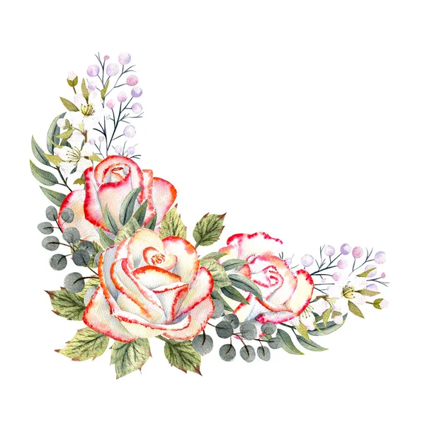 Un ramo de rosas blancas con un borde rosado, hojas, bayas, ramitas decorativas. Ilustraciones en acuarela para el diseño de tarjetas de felicitación, invitaciones, etc — Foto de Stock
