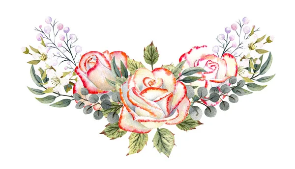 Pembe kenarlı bir buket beyaz gül yapraklar, böğürtlenler, dekoratif dallar. Tebrik kartı, davetiye vesaire için suluboya çizimleri