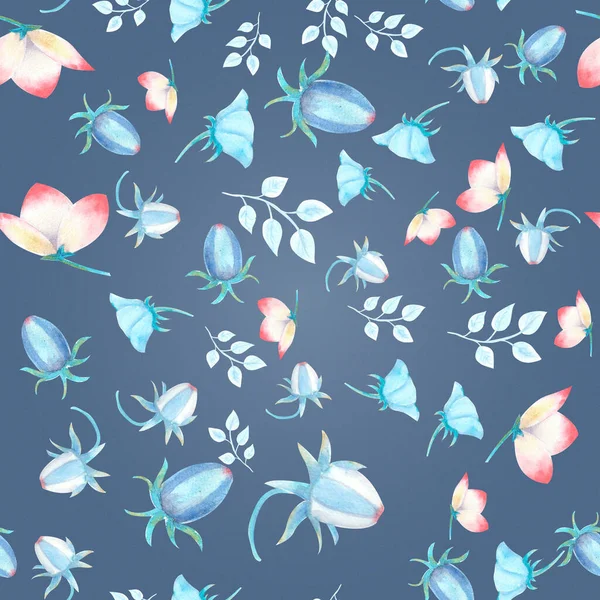 Nahtloses Muster mit rosa Blüten, Knospen, Blättern, dekorativen Zweigen auf weiß isoliert. Aquarell-Illustration, handgemacht. — Stockfoto