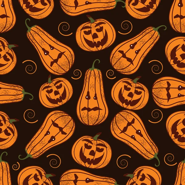 Płynny wzór na ciemnym tle na święta - Halloween. Dynie, Duch, nietoperz. Ilustracja wektora — Wektor stockowy