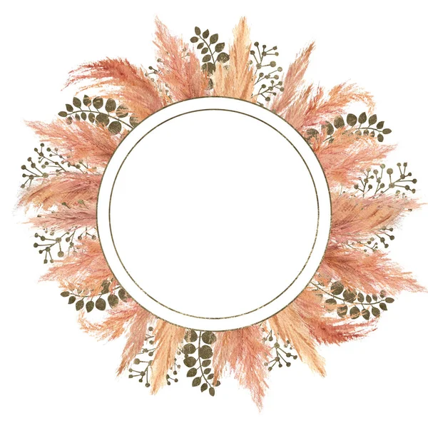 Watercolor boho bouquet with dried pampas grass and silver geometric frame on isolated on white background. Flower illustration for wedding or holiday design of invitations, postcards, printing — Stock Photo, Image
