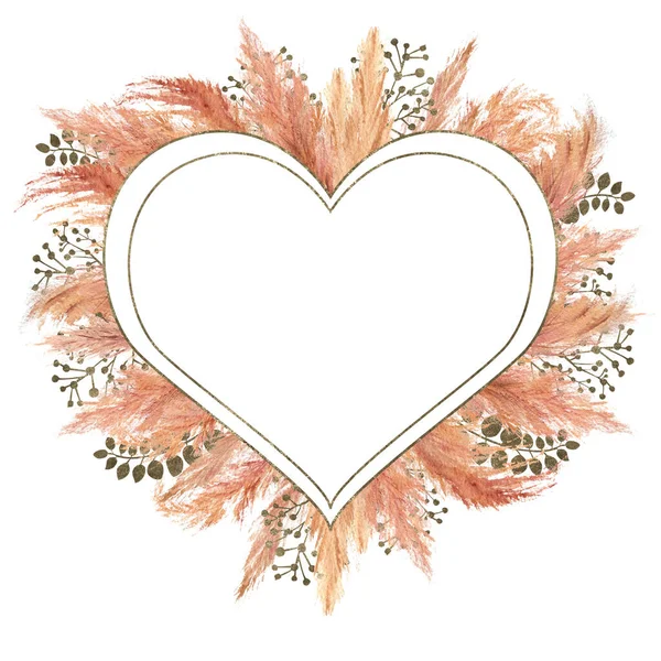Aquarell Boho Bouquet mit getrocknetem Pampasgras und silbernem geometrischem Rahmen auf isoliertem, weißem Hintergrund. Blumenmotive für Hochzeits- oder Urlaubsgestaltung von Einladungen, Postkarten, Druck — Stockfoto
