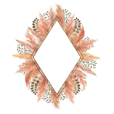 Beyaz arka planda, kurutulmuş pampa otları ve gümüş geometrik çerçeveli suluboya boho buketi. Düğün veya bayram tasarımı için çiçek illüstrasyonu Davetiyeler, kartpostallar, yazdırma