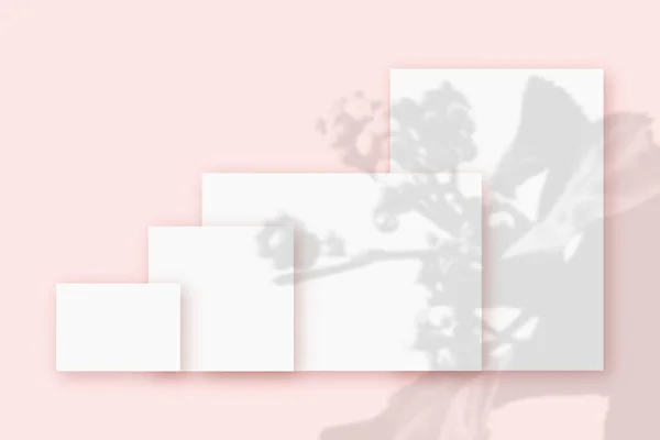 Mockup com sombras de plantas sobrepostas em várias folhas horizontais e verticais de papel branco texturizado em um fundo de mesa bege — Fotografia de Stock