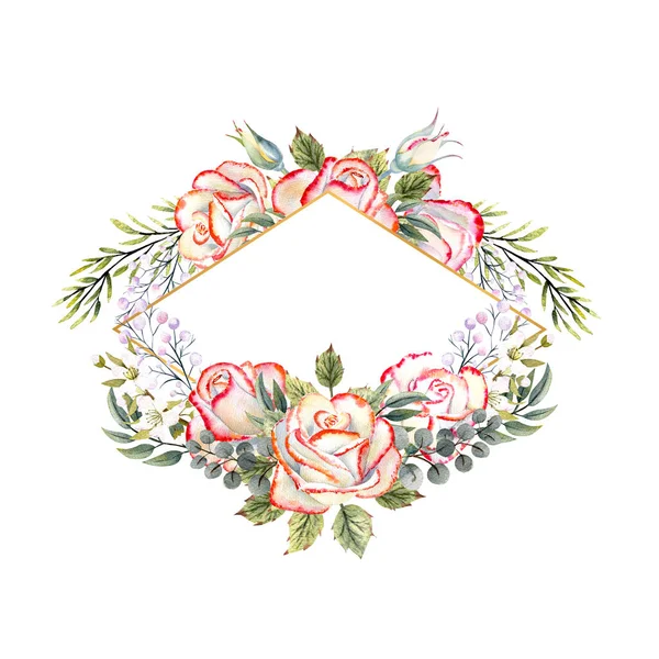 나뭇잎 과 장식적 인 잔가지와 열매가 있는 흰 장미 꽃다발 이 있는 황금색 기하학적 인 틀이다. 로고를 위한 천연색 삽화, 초대장, 인사장 — 스톡 사진