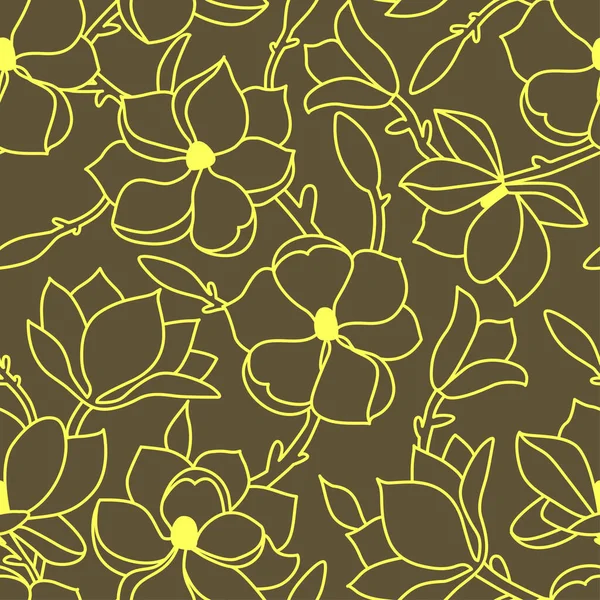 Нежный цветочный узор. Линейный ручной рисунок с цветами и листьями магнолии. Желтый контур на зеленом фоне. Векторная иллюстрация — стоковый вектор