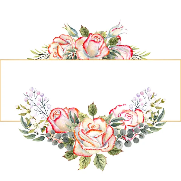 Moldura geométrica dourada com um buquê de rosas brancas com folhas, galhos decorativos e bagas. Ilustração aquarela para logotipos, convites, cartões de saudação — Fotografia de Stock