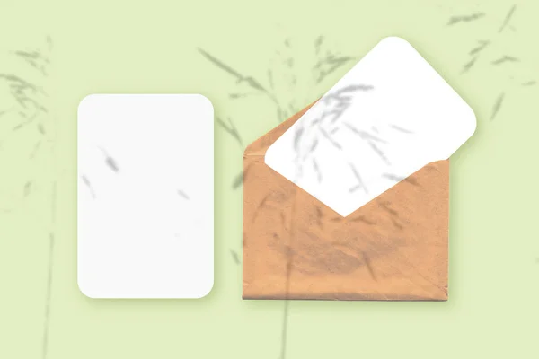 Mockup met een overlay van plantenschaduwen op envelop met twee vellen getextureerd wit papier op een groene tafelachtergrond. Horizontale oriëntatie — Stockfoto