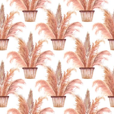 Beyaz yalıtılmış bir arka planda boho tarzında saksılarda otların olduğu kusursuz desenler. Suluboya çizimi