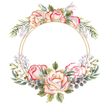 Yapraklı beyaz güller, dekoratif dallar ve böğürtlenlerle dolu altın geometrik çerçeve. Logolar için suluboya illüstrasyon, davetiyeler, tebrik kartları