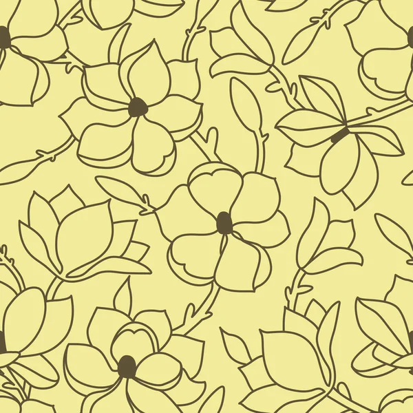 Нежный цветочный узор. Линейный ручной рисунок с цветами и листьями магнолии. Зеленый контур на желтом фоне. Векторная иллюстрация — стоковый вектор