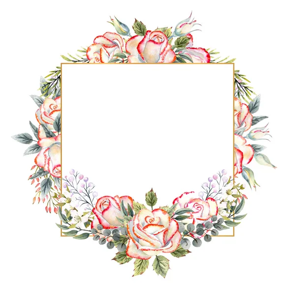 Marco geométrico dorado con un ramo de rosas blancas con hojas, ramitas decorativas y bayas. Ilustración de acuarela para logotipos, invitaciones, tarjetas de felicitación — Foto de Stock
