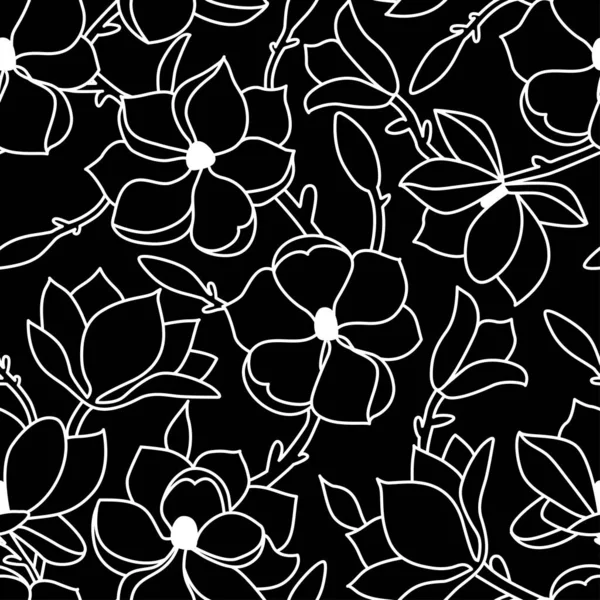 Seamless floral pattern. A linear hand drawing with flowers and leaves of magnolia. A white outline on a black background. Vector illustration — Διανυσματικό Αρχείο