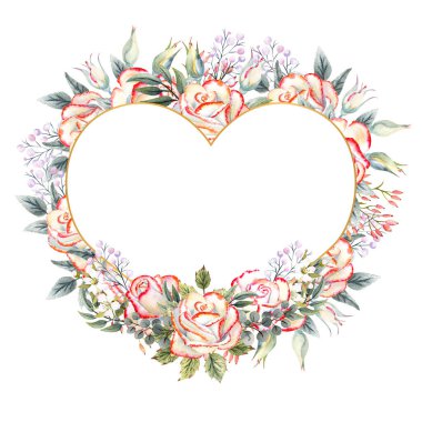 Yapraklı beyaz güller, dekoratif dallar ve böğürtlenlerle dolu altın geometrik çerçeve. Logolar için suluboya illüstrasyon, davetiyeler, tebrik kartları