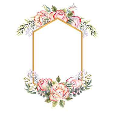 Yapraklı beyaz güller, dekoratif dallar ve böğürtlenlerle dolu altın geometrik çerçeve. Logolar için suluboya illüstrasyon, davetiyeler, tebrik kartları