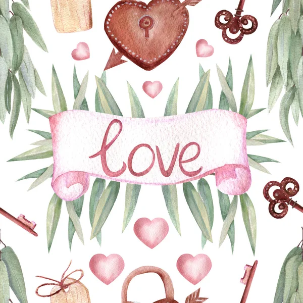 열 대 잎사귀, 비문에 나와 있는 사랑 , 보오 양식의 자물쇠 및 열쇠가 흰 외진 배경 위에 있다. 수채 색 삽화 — 스톡 사진