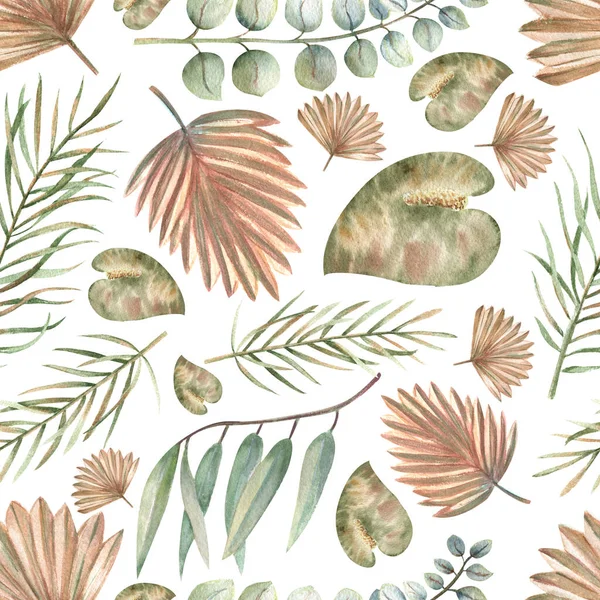 Seamless patterns with tropical leaves in boho style on a white isolated background. Watercolor illustration