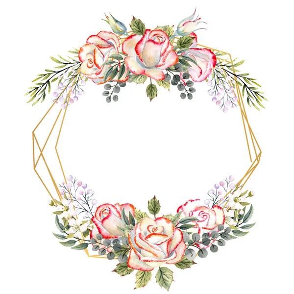 Cadre géométrique doré avec un bouquet de roses blanches avec des feuilles, des brindilles décoratives et des baies. Illustration aquarelle pour logos, invitations, cartes de vœux — Photo