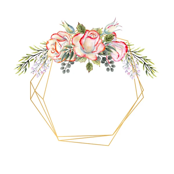 Gyllene geometriska ram med en bukett vita rosor med blad, dekorativa kvistar och bär. Akvarell illustration för logotyper, inbjudningar, gratulationskort — Stockfoto