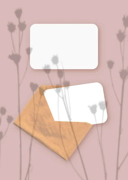 Mockup with an overlay of plant shadows on envelope with two sheets of textured white paper on a pink table background. Vertical orientation — Stock Photo, Image