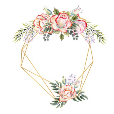 Yapraklı beyaz güller, dekoratif dallar ve böğürtlenlerle dolu altın geometrik çerçeve. Logolar için suluboya illüstrasyon, davetiyeler, tebrik kartları