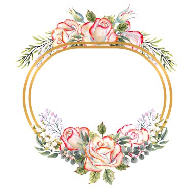 Yapraklı beyaz güller, dekoratif dallar ve böğürtlenlerle dolu altın geometrik çerçeve. Logolar için suluboya illüstrasyon, davetiyeler, tebrik kartları