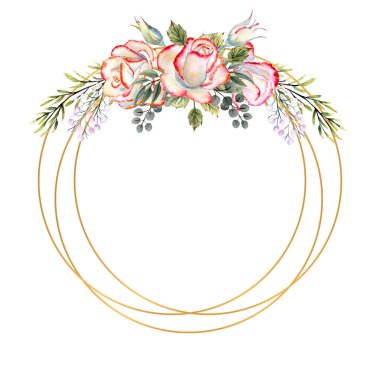 Yapraklı beyaz güller, dekoratif dallar ve böğürtlenlerle dolu altın geometrik çerçeve. Logolar için suluboya illüstrasyon, davetiyeler, tebrik kartları