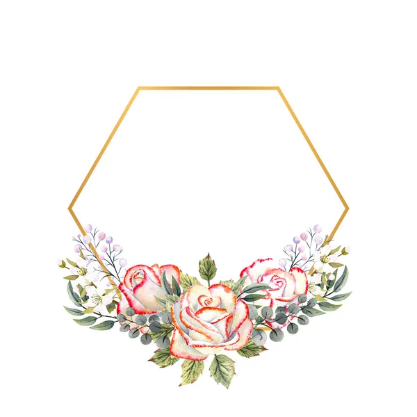 Goldener geometrischer Rahmen mit einem Strauß weißer Rosen mit Blättern, dekorativen Zweigen und Beeren. Aquarell-Illustration für Logos, Einladungen, Grußkarten — Stockfoto