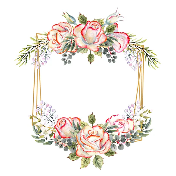 Cornice geometrica dorata con bouquet di rose bianche con foglie, ramoscelli decorativi e bacche. Illustrazione ad acquerello per loghi, inviti, biglietti di auguri — Foto Stock