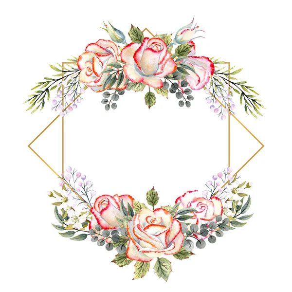 Marco geométrico dorado con un ramo de rosas blancas con hojas, ramitas decorativas y bayas. Ilustración de acuarela para logotipos, invitaciones, tarjetas de felicitación — Foto de Stock