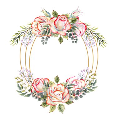 Yapraklı beyaz güller, dekoratif dallar ve böğürtlenlerle dolu altın geometrik çerçeve. Logolar için suluboya illüstrasyon, davetiyeler, tebrik kartları