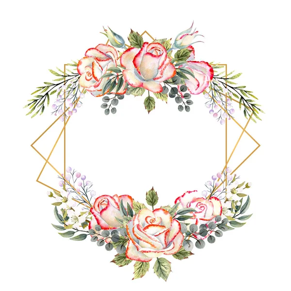 Marco geométrico dorado con un ramo de rosas blancas con hojas, ramitas decorativas y bayas. Ilustración de acuarela para logotipos, invitaciones, tarjetas de felicitación — Foto de Stock