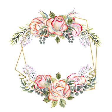 Yapraklı beyaz güller, dekoratif dallar ve böğürtlenlerle dolu altın geometrik çerçeve. Logolar için suluboya illüstrasyon, davetiyeler, tebrik kartları