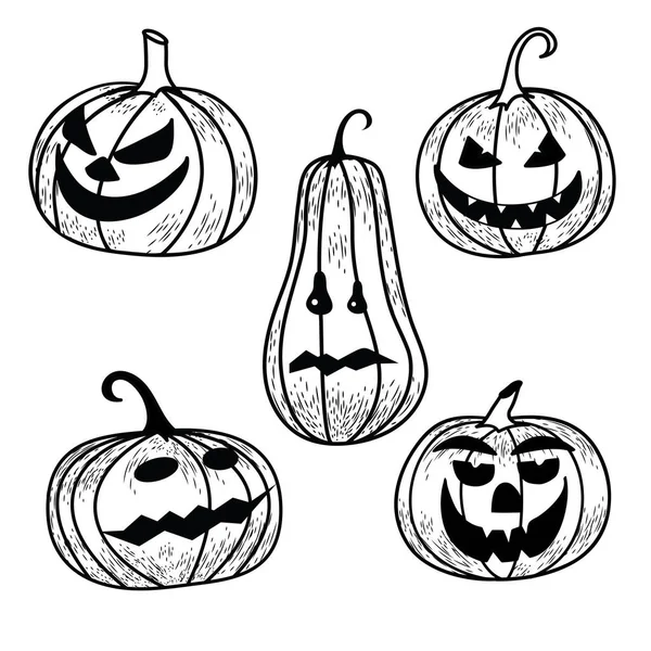 Kolekcja dyń na Halloween rysowane w stylu szkicowym. Dynie z oczami. Ilustracja wektora. — Wektor stockowy