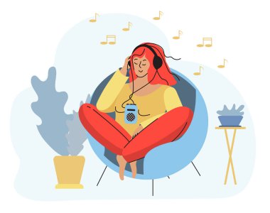 Oyunculu bir kız rahat bir sandalyeye oturur ve müzik dinler. Vektör illüstrasyonu