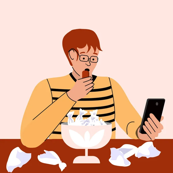 Un joven mira su smartphone y come dulces. Dependencia de artilugios. Ilustración vectorial — Vector de stock