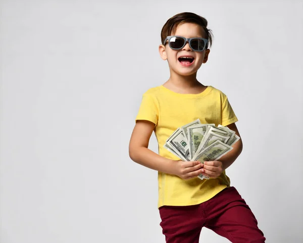Retrato de um menino alegre segurando um dólar sobre fundo branco — Fotografia de Stock